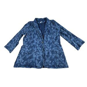 J Jill Christian Siriano Blue Leaf Print Denim Blazer Jacket Women's L Tall EUC